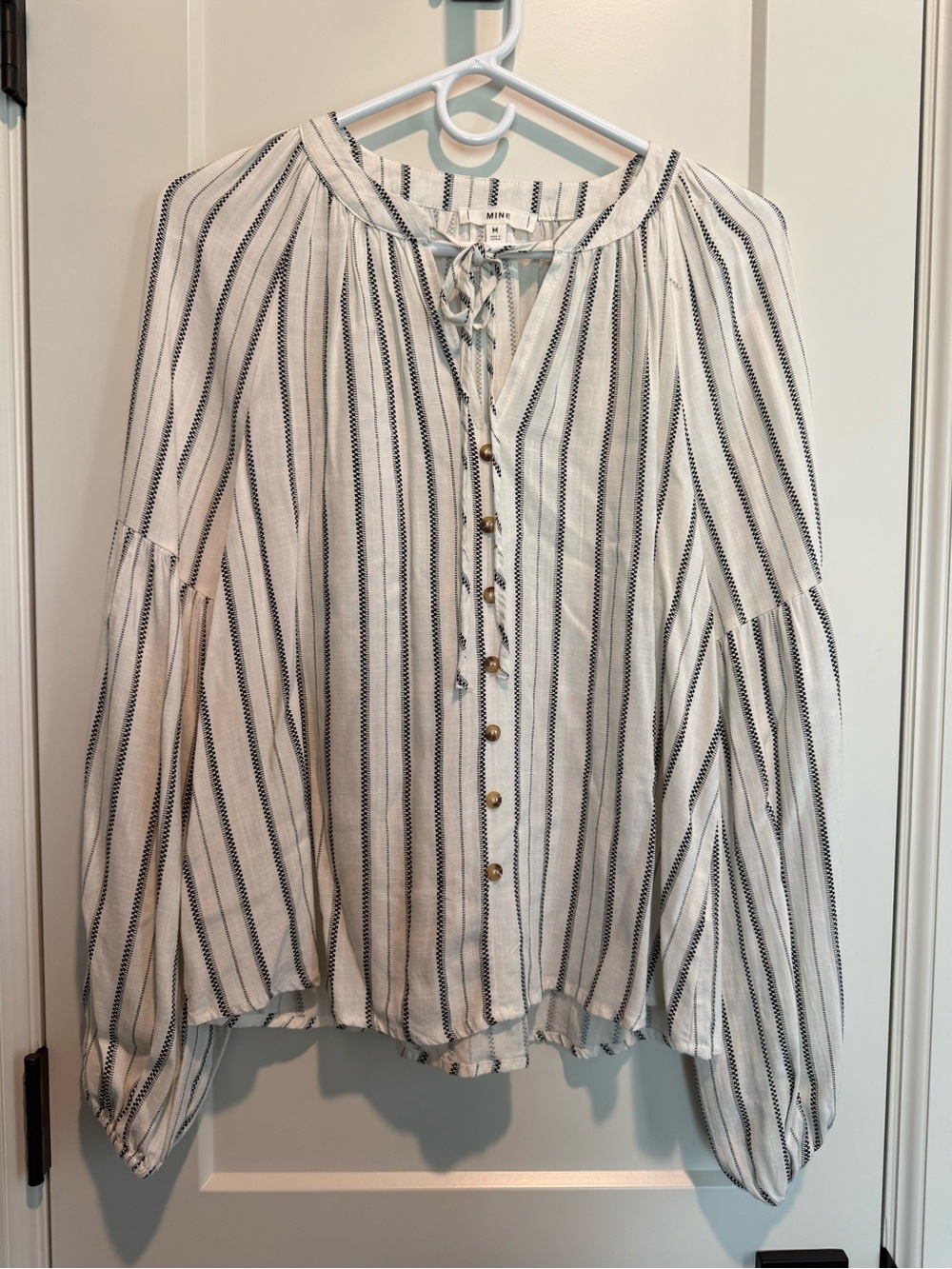 Versona Cream and Black Striped Button-Front Tie Blouse